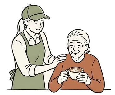 Ältere Person mit Kaffee in der Hand